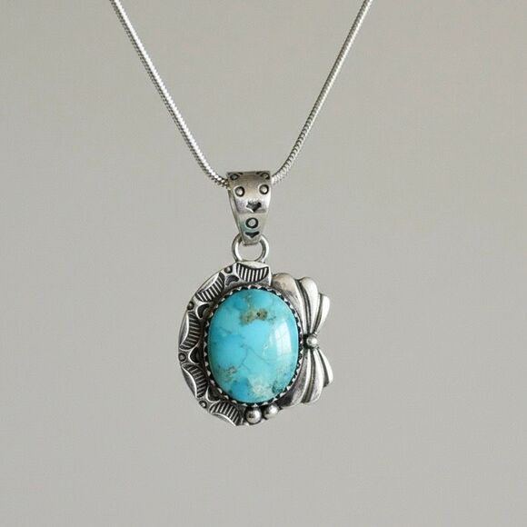 New Sterling Silver Turquoise Pendant Necklace Southwestern Artisan Jewelry - Picture 3 of 7